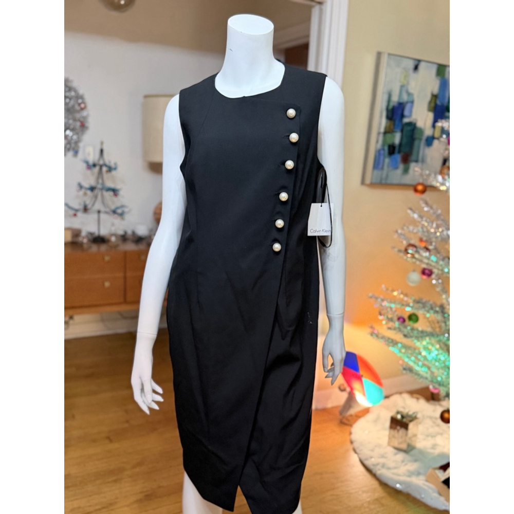 NWT Calvin Klein Black Asymmetrical Dress with Pearl Buttons Size 12